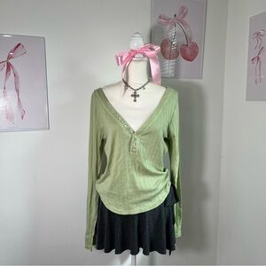 Free People Coffee Chat‎ Henley Long Sleeve Green Moss Womens Size Large